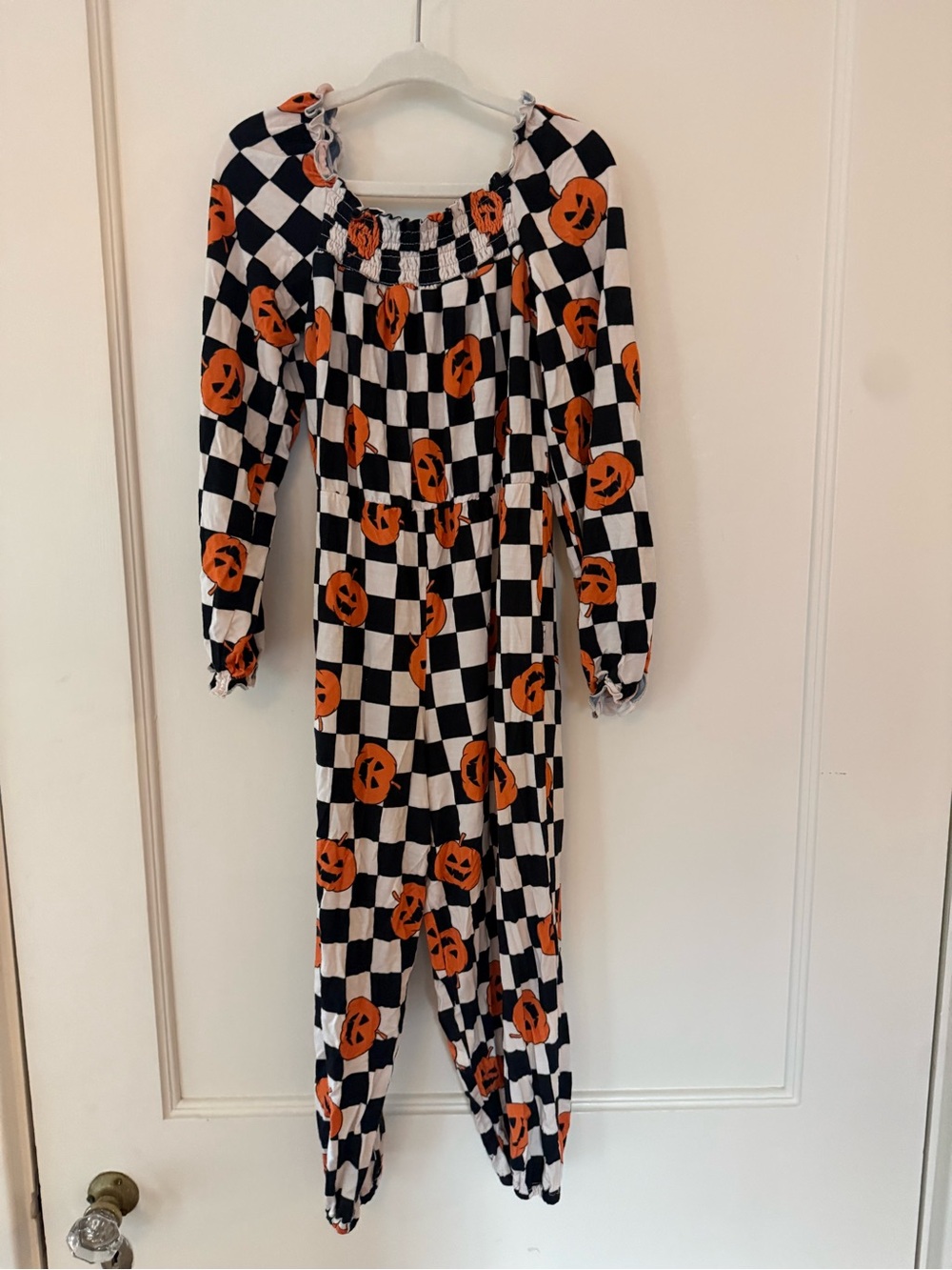 Kids Black & White Check Pumpkin Halloween One-Piece